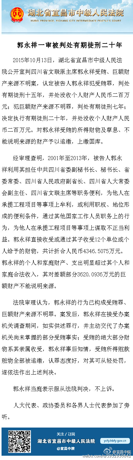 四川文联原主席郭永祥获刑20年 被没收200万(图)