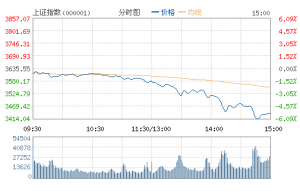 沪指跌近6%逼近3400 创股灾以来最大单日跌幅(图)