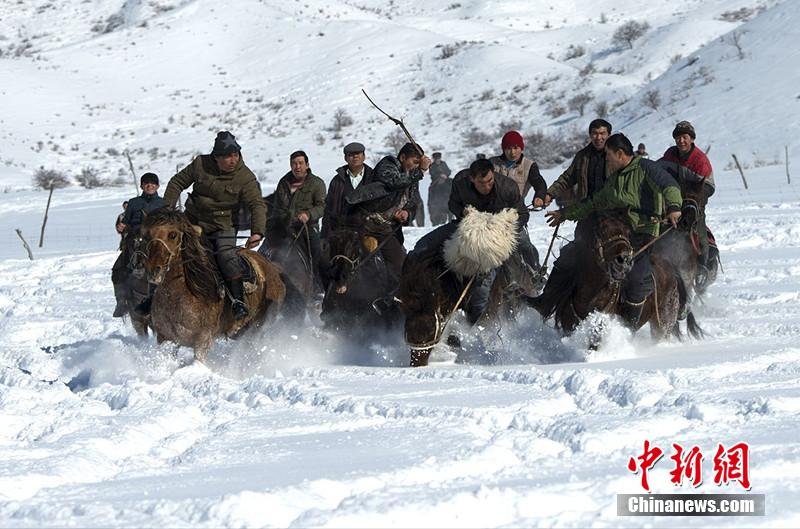 新疆哈萨克族牧民雪地刁羊 雪花溅起一米高(组图)