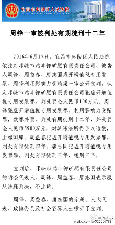 周永康侄子周锋一审获刑12年被罚5900万(图)