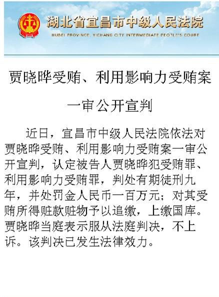 周永康之妻贾晓晔因受贿被判9年 当庭表示不上诉