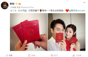 三喜临门！陈晓晒照证实婚讯 宣布陈妍希怀孕(图)