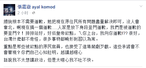 蔡英文向原住民道歉 张震岳：太恶心，我不吐不快