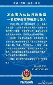 男子造谣“四川大凉山孩子10年没吃肉”被行拘