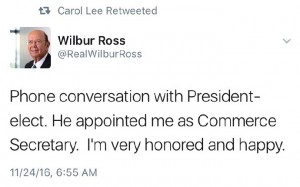 特朗普将任命亿万富豪Wilbur Ross担任商务部长