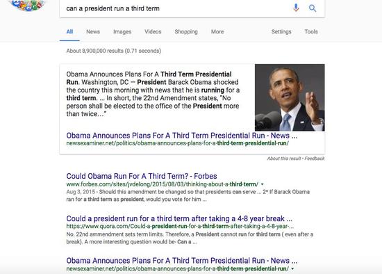 谷歌又被假新闻骗了：奥巴马将第三次竞选总统”