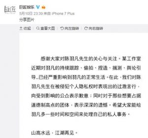 陈羽凡公司深夜发文:就其过激言行向公众表示歉意